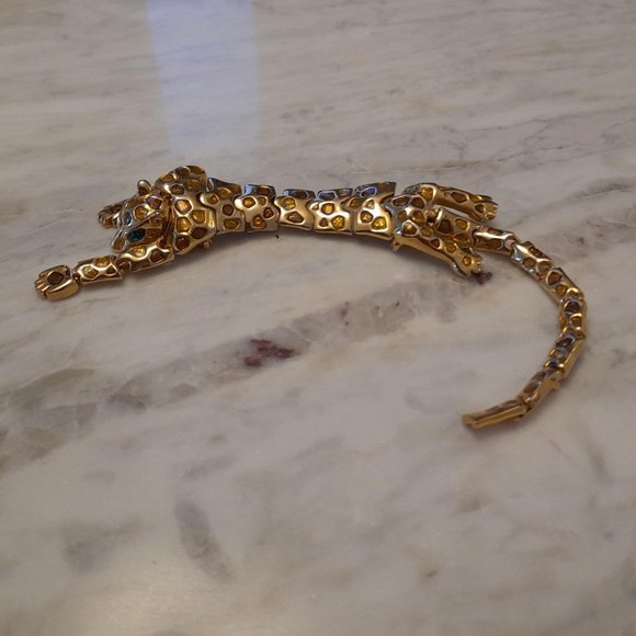 Vintage Articulated Over The Shoulder Leopard Brooch Gold Tone With Amber Stones - Picture 1 of 15